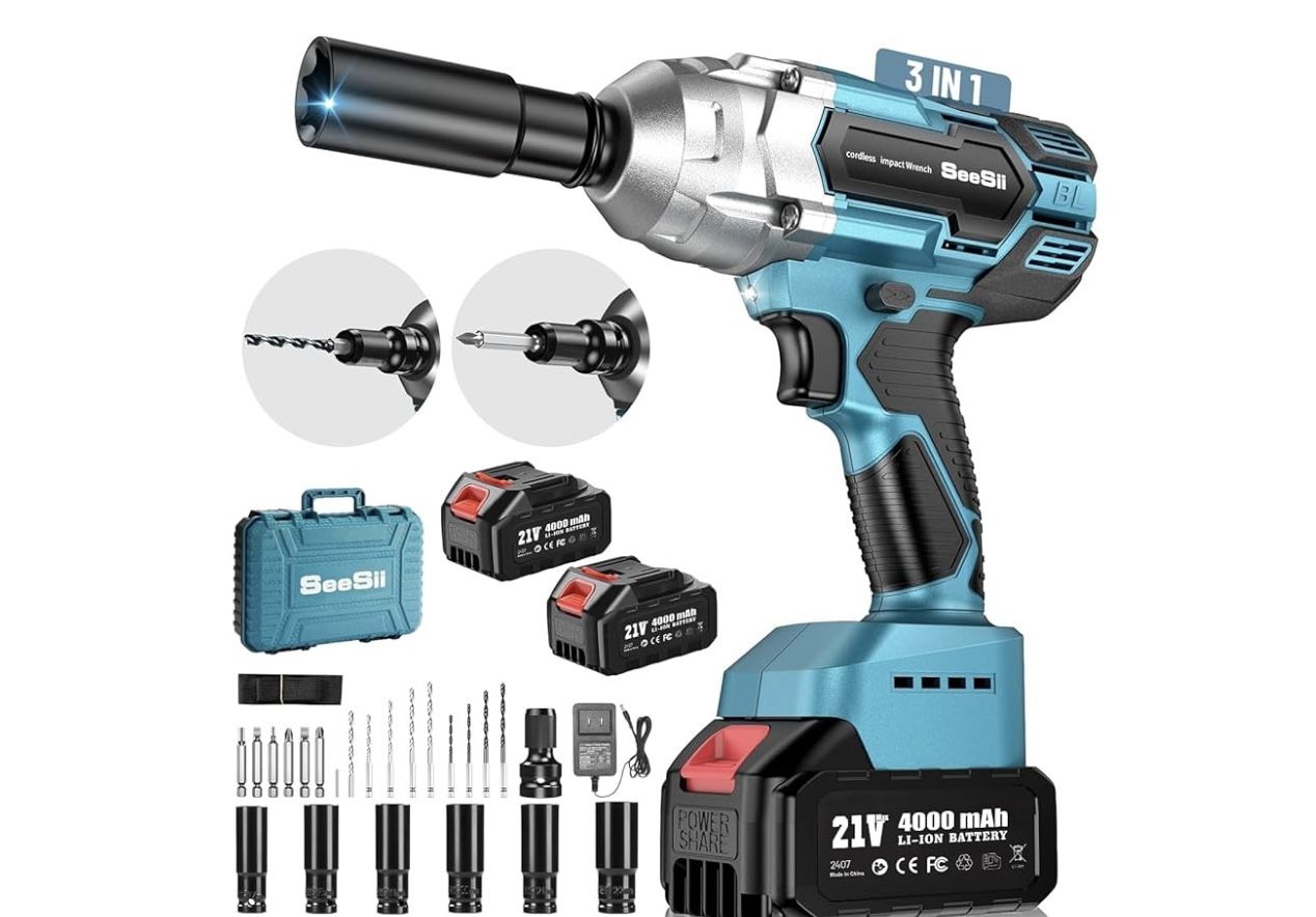 Seesii Cordless Impact Wrench 1/2 inch, High Torque 479 Ft-lbs(650Nm) Brushless Impact Gun,2500RPM w/2x4.0 Battery, 6 Sockets,8 Drill Bits, High Torqu