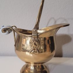 Vintage Brass Coal Scuttle Bucket with Blue and White