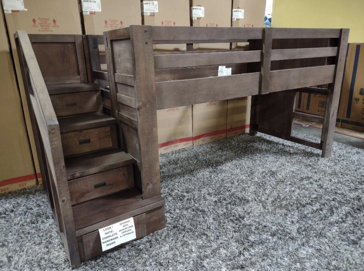 Solid Wood Oak Furniture West Loft Twin Bunkbed W/ Staircase, Ladder, Storage Drawers & Cubbies