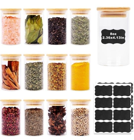 8oz Glass Food Storage Jars, Glass Jars with Bamboo Lids, Kitchen Storage Jars, Set of 12, Canisters with Airtight Lids for Spice, Coffee, Cookie