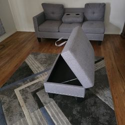 Grey 2 Piece L' Shape Sectional With CupHolders on Pillowss & 2 Throw Pillows Included 