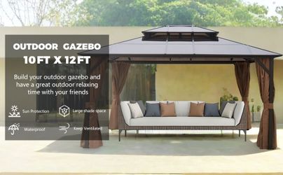 10x12FT Hardtop Gazebo Double Roof Canopy Outdoor with Netting and Curtains, Aluminum Frame Polycarbonate Roof Garden Tent for Patio, Backyard, Deck,
