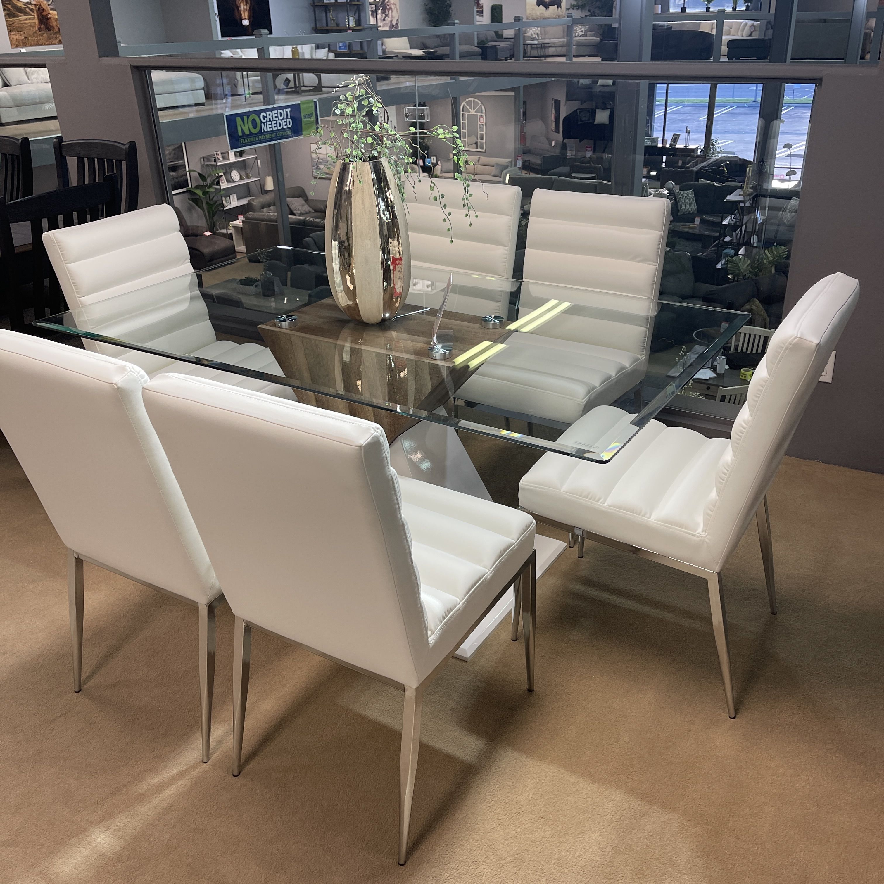 White and Natural Tone Dining Room Set / 7pc