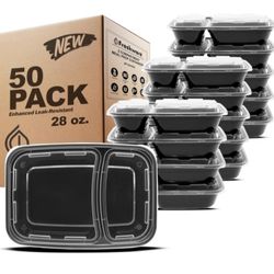 50-pack (100 pieces) 28-ounce reusable containers with lids, 2 compartments, heavy-duty, leak-proof, food-safe, microwave, freezer, dishwasher safe