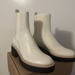 White Leather Boots With Tan Stripe And Black Heel