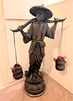 Vintage Large Cast Bronze Chinese Water Carrier Statue with Hanging Buckets – Over 50 Years Old