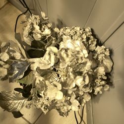 So basket of gray or silver Hydrangeas and wicker basket approximately 15x13”