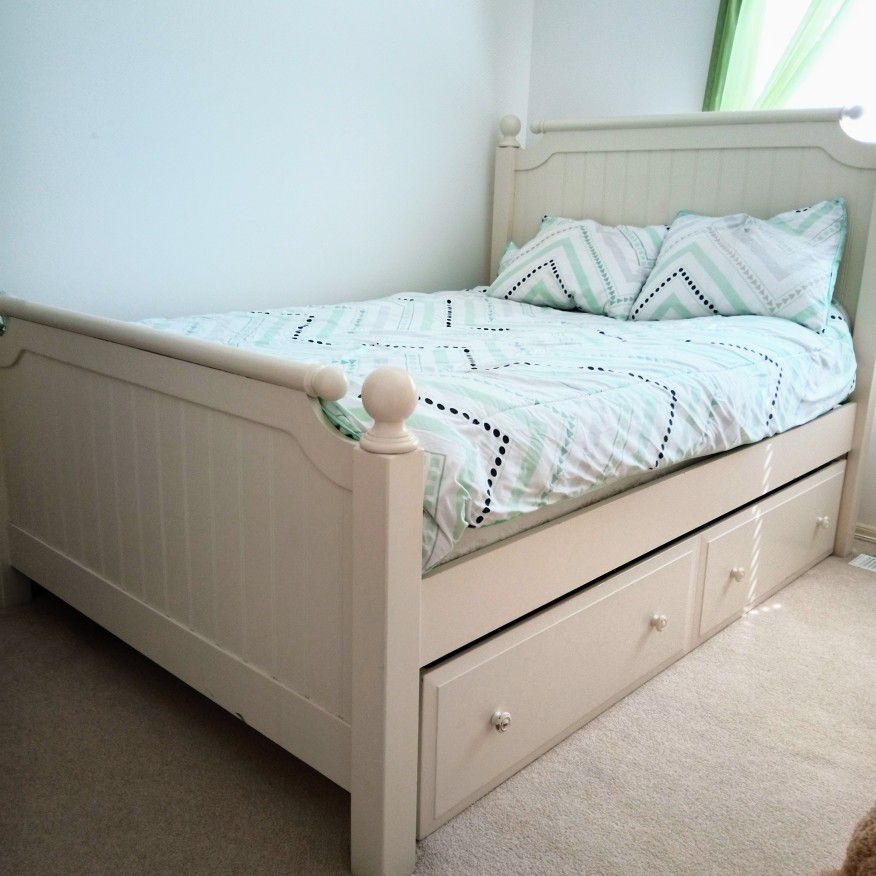 White Full Size Bed With Underneath Storage Drawer  With Mattress 