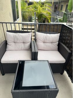 Outdoor Patio Conversation Set | 2 Wicker Club Chairs + Glass Coffee Table