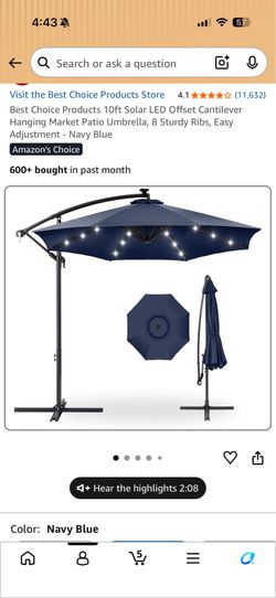 Best Choice Products 10ft Solar LED Offset Cantilever Hanging Market umbrella  (Navy Blue)
