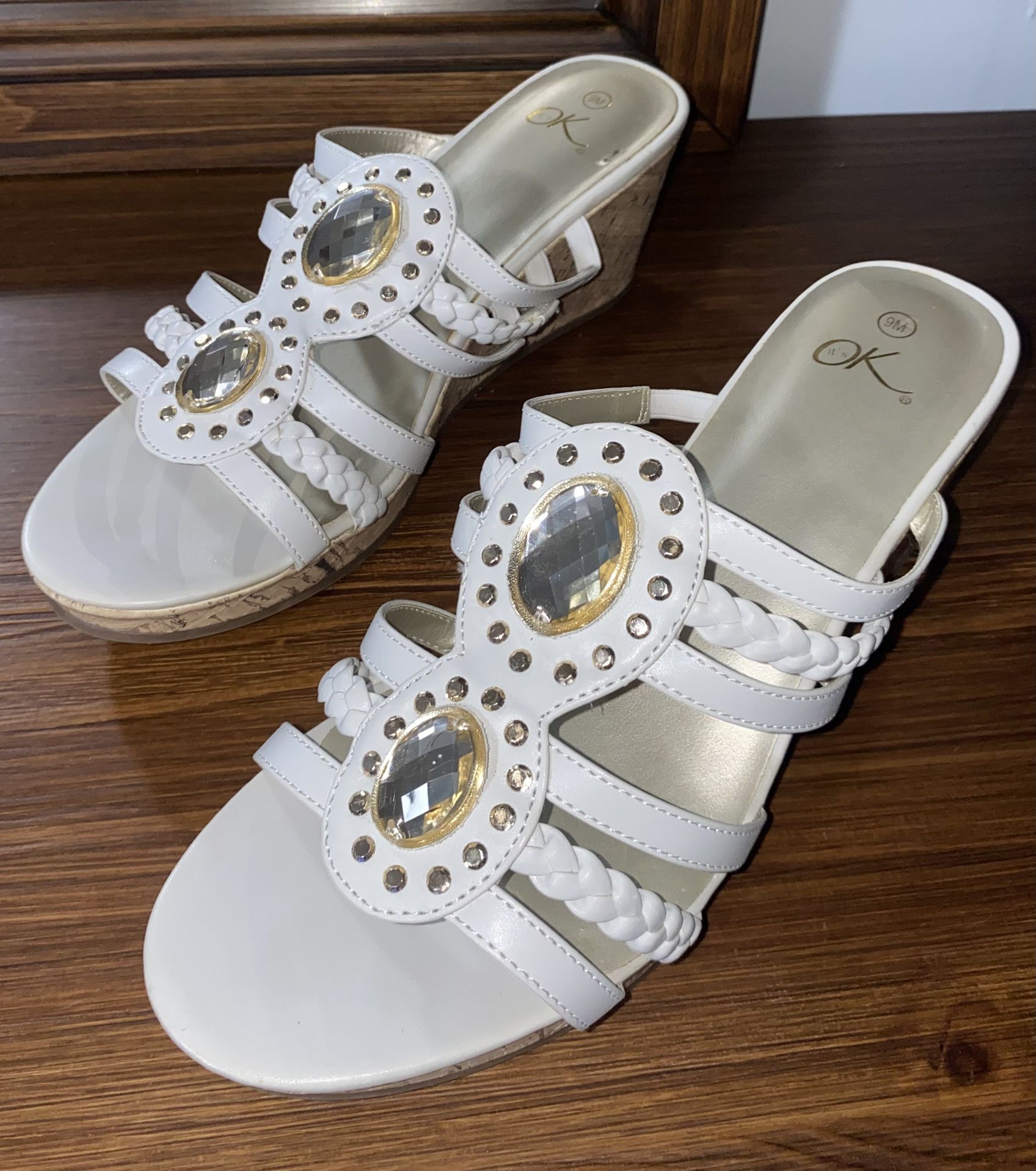 Size 9 It’s OK White Wedge Sandals – Sparkling Jewel Accents + Cork Heel