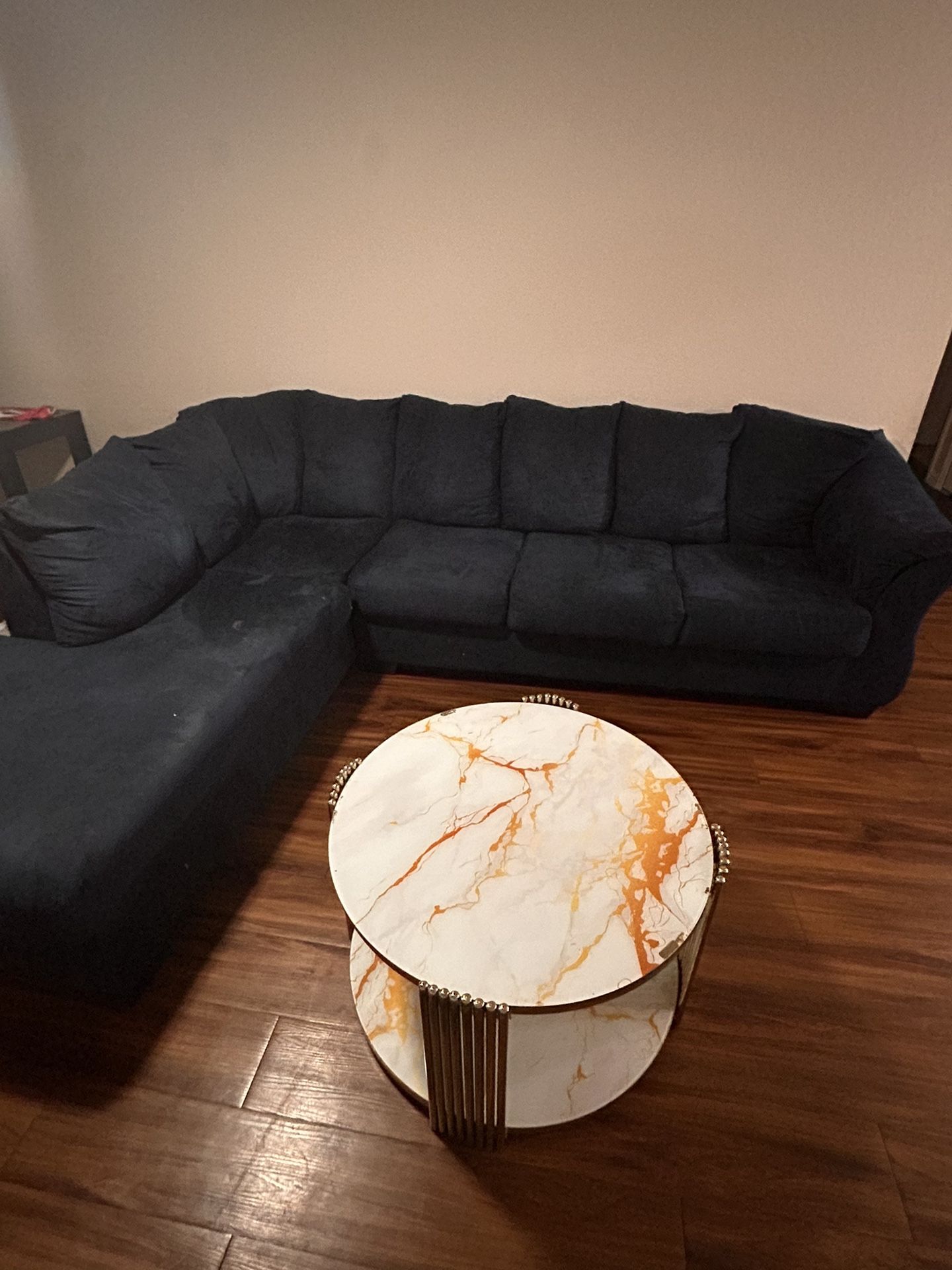 Blue Sectional / Gold Marble Table