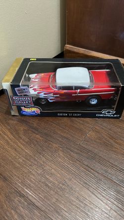 HOT WHEELS COLLECTIBLES CUSTOM 57 CHEVY RED W/BONUS WALLET 1:18 SCALE DIECAST