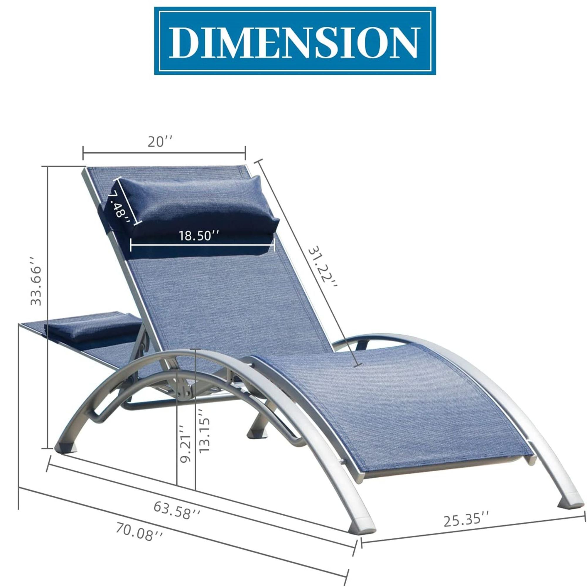 Outdoor Chaise Lounge Set of 2 Patio Recliner Chairs with Adjustable Backrest and Removable Pillow for Indoor&Outdoor Beach Pool Sunbathing Lawn (Blue