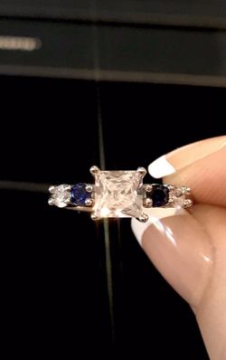 Princess Cut Simulated White and Blue Sapphire engagement promise wedding ring SIZE 6