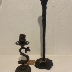 Slim Hammered Metal Taper Candle And Unpolished Ornate Dragon Fish Solid Brass Candle Holders