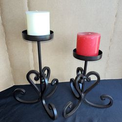 Two Iron Candle Holders And Candles 