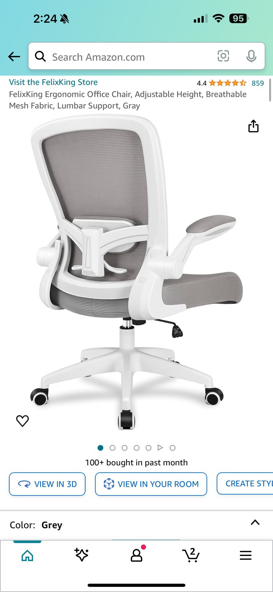 Brand New White/Grey Mesh Tall Back Ergonomic Office Chair w/Flip Up Armrests & Adjustable Lumbar Support 