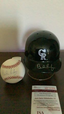 Colorado Rockies Brendan Rogers Autograph Mini Helmet and Baseball JSA Authentication