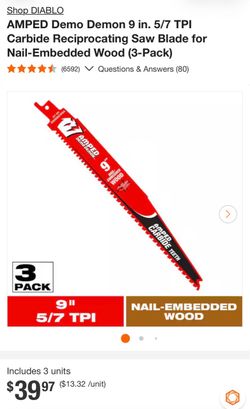 (3) DIABLO AMPED Demo Demon 9 in. 5/7 TPI Carbide Reciprocating Saw Blade for Nail-Embedded Wood 3-Pack