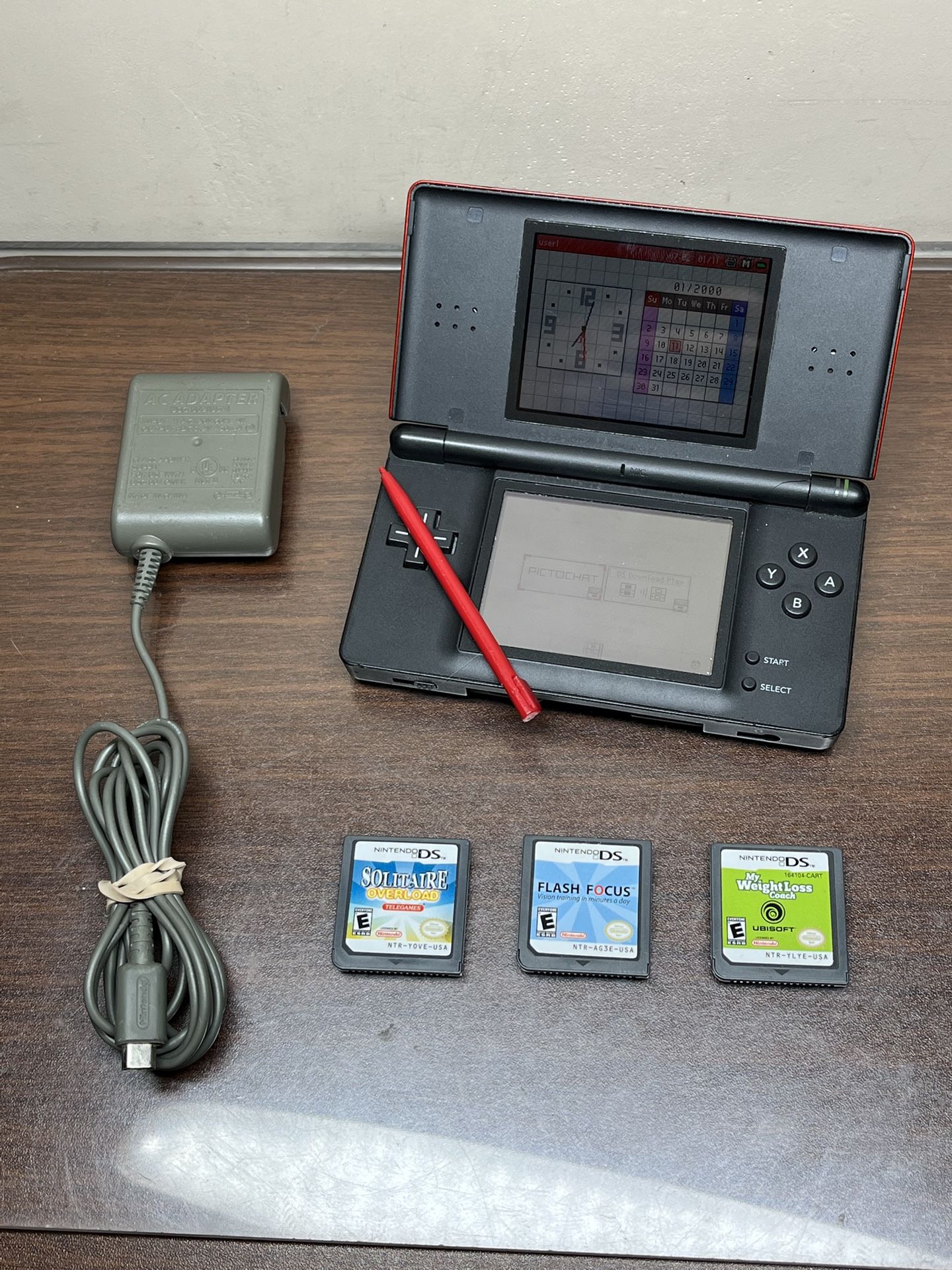 Nintendo DS Lite Handheld Console USG-001 Crimson Red/Black w/ Stylus & 3 Games