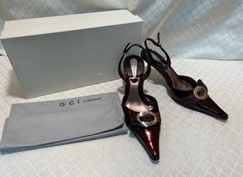 GCI: Vespera Wine Milled Patent Leather sling back heels. Size 7.5