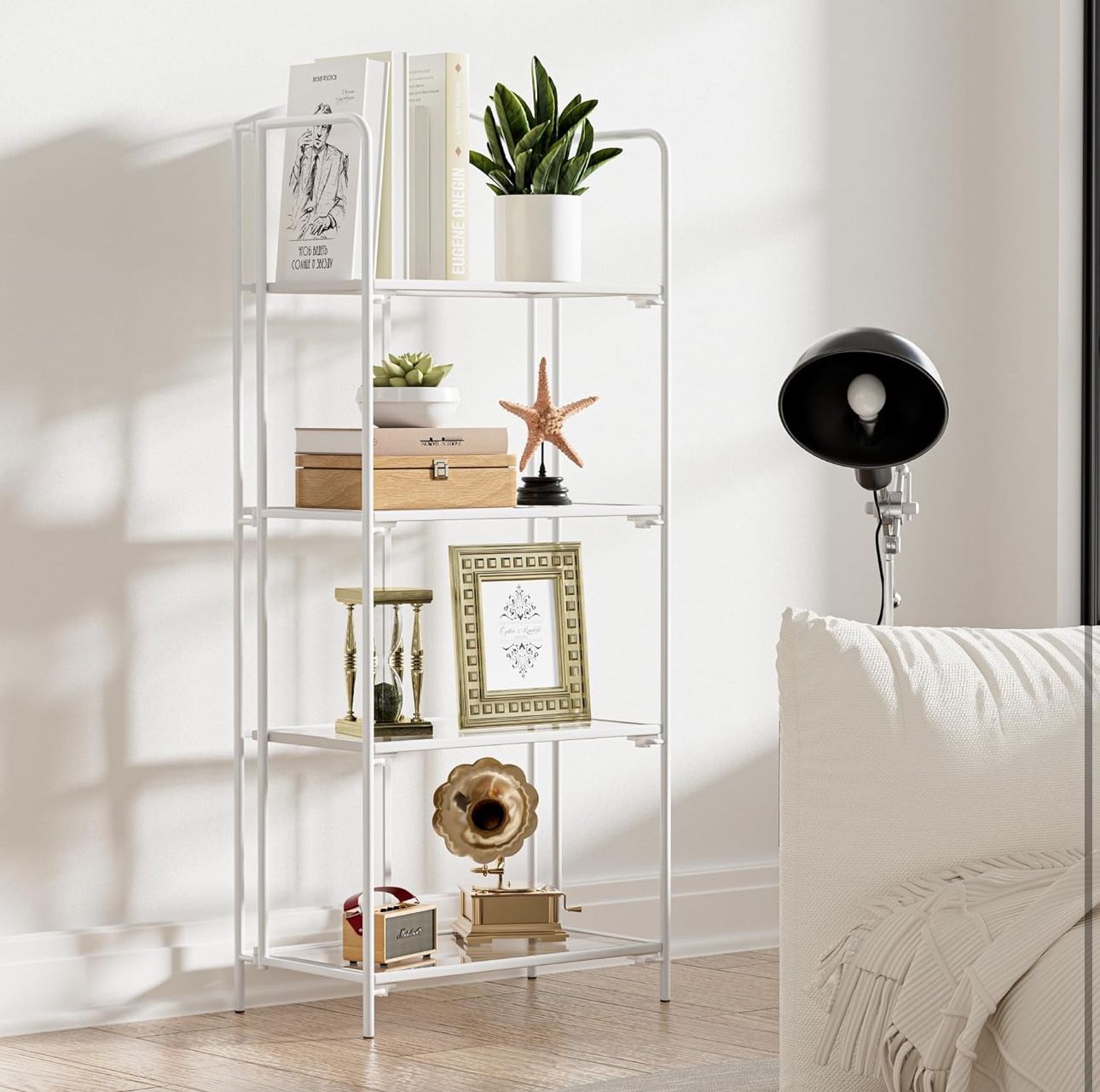 Folding Bookshelf for Living Room, 4 Tier White Collapsible Book Shelf for Home Office, Portable Bookcase Storage Organizer White Frame & Transparent