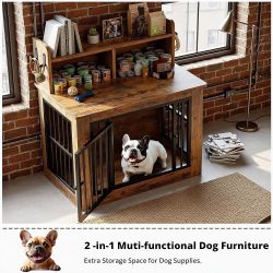 Dog Crate Furniture, 33.4 inches Wooden Small Dog Crate with Storage and 4 Hooks, Heavy Duty Pet Crate for Small Dog, Decorative Pet Cage for Indoor (
