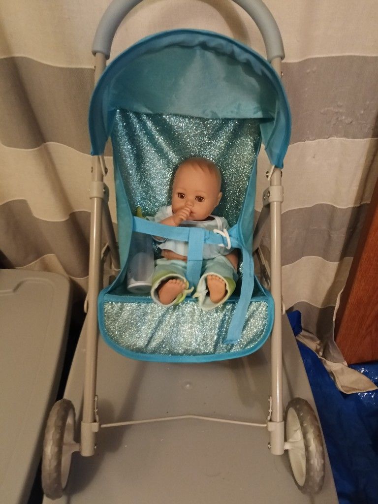 Adora Blue Glam Glitter Stroller W Light Up Wheels & Adora Doll