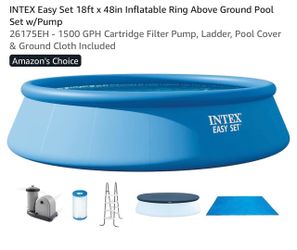 INTEX Easy Set 18ft x 48in Inflatable Ring Above Ground Pool Set w/Pump 26175EH - 1500 GPH Cartridge Filter Pump, Ladder, Pool Cover & Ground Cloth In