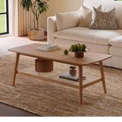 Solid Wood Oak Coffee Table with Natural Rattan Storage Shelf 2-Tier Rectangular Coffee Table for Living Room 47.24” L x 22” D x 17.32” H