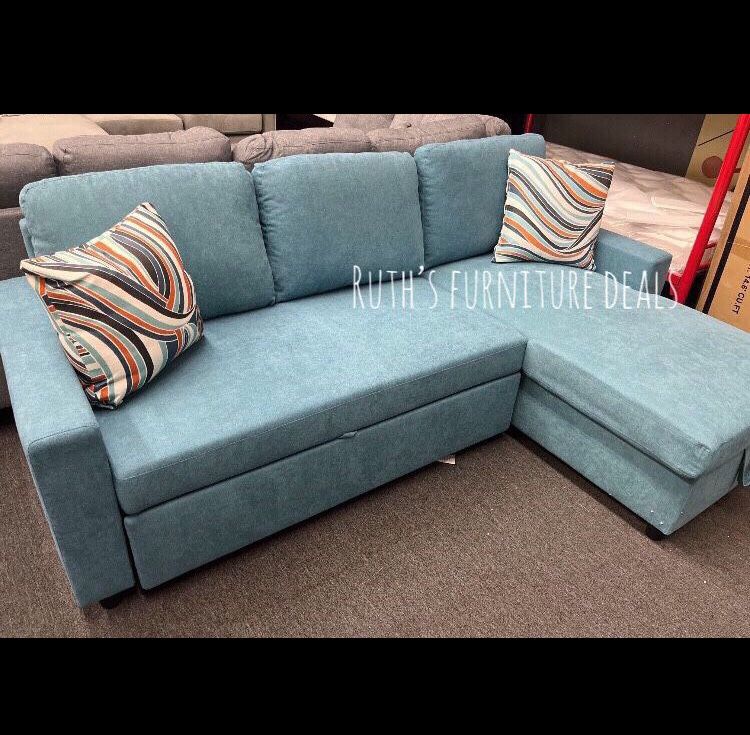 Beautiful Turquoise Flannelette Fabric Sectional Sofa Pullout Bed With Storage 83”x 56”w,All Products : American Fashion Style Bags On Sale