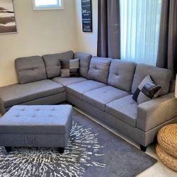 Gray Tweed Linen Sectional Couch And Ottoman