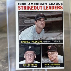 1964 Topps Baseball Card #6 1963 A.L. Strikeout Leaders Pascual, Bunning