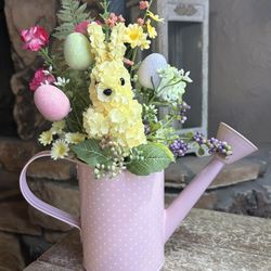 Ht-13in Width-11in HANDMADE Artificial Easter Arrangement In A Pink Metal Watering Can
