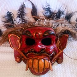 Balinese Rangda Barong Red Wooden Mask Folk Art Wall Decor $50