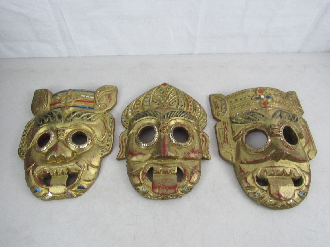 Lot Of 3 Vintage Hand Carved Wooden Thailand Folk Art Tribal Mask