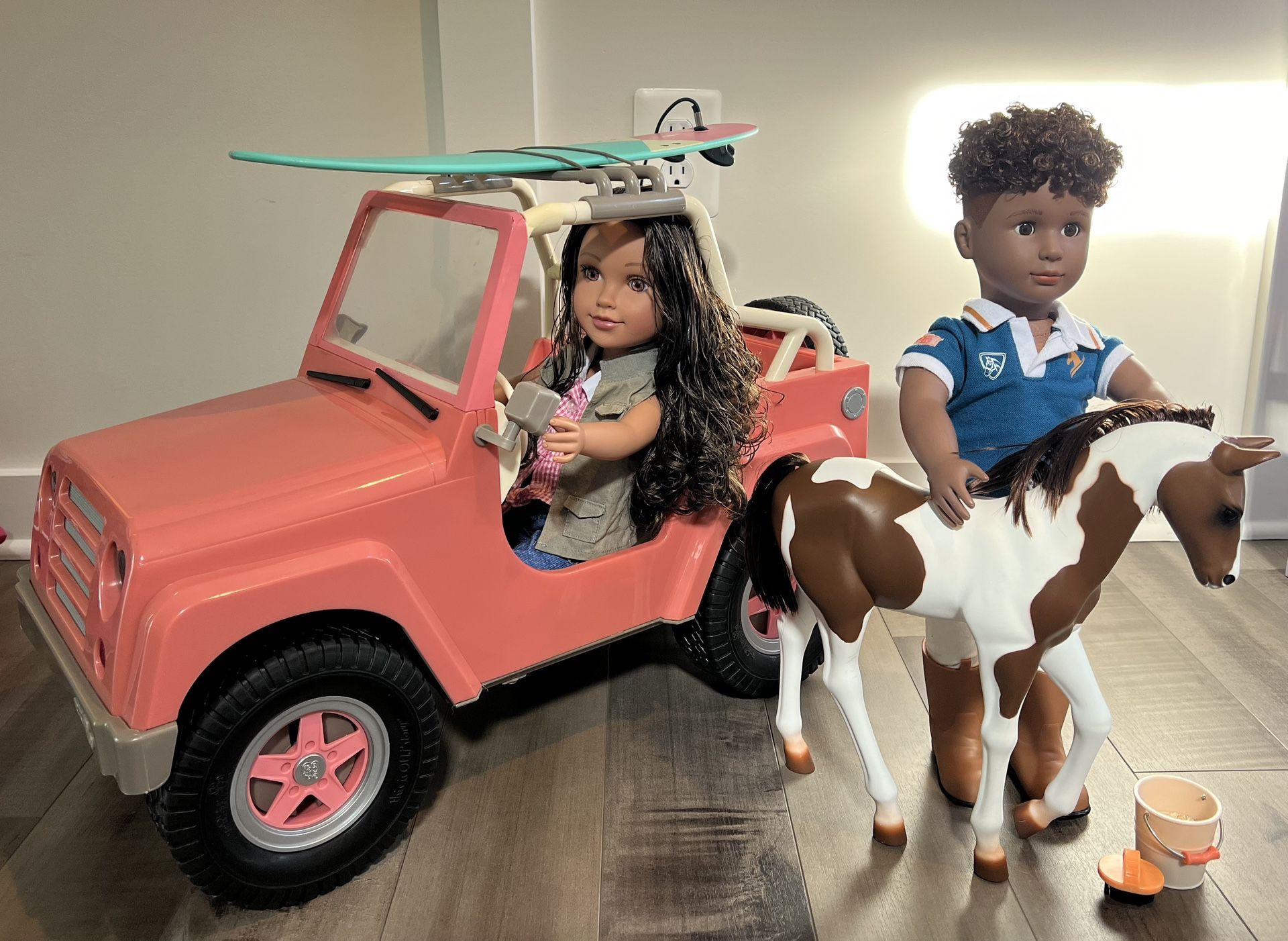 Four 18” Dolls with 50+ Accessories including Clothes, Jeep, Beds, Pets