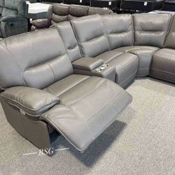 Gray Leather Power Reclining Sectional Sofa With Central Console 💛No Needed Credit Check 💛 $39 Down Payment with Financing