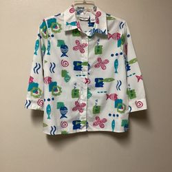 Women’s BRECKENRIDGE 100% cotton 3/4 sleeve multicolor button front fish shirt… Size petite small