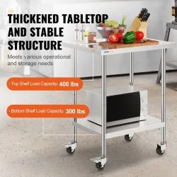 539**Stainless Steel Work Table 24 x 30 x 38 Inch, with 4 Wheels, 3 Adjustable Height Levels, Heavy Duty Food Prep Worktable for Commercial Kitchen Re