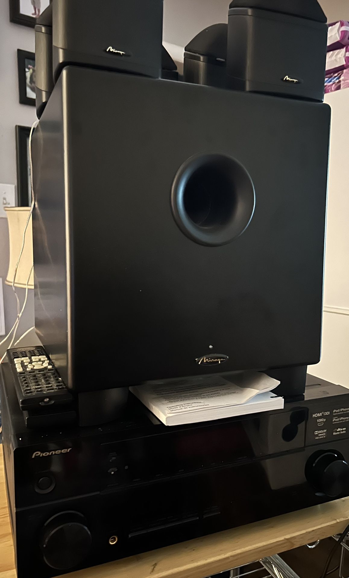 Mirage 5.1 Powered Sub And 5 Amazing Satellite Speakers Like New Like New Pioneer Receiver 245 Watt Receiver All Sound Amazing Optical And Hdmi Inputs