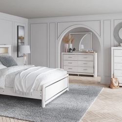 Altyra White LED Bookcase Upholstered Panel Bedroom Set ( Queen, king, twin, full bedroom set - bed frame- tall dresser, nightstand and chest, mattres