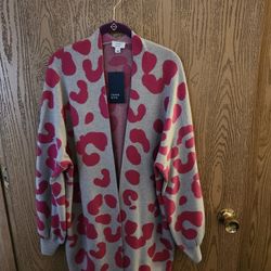 Grey And Pink Leopard Open Long Cardigan