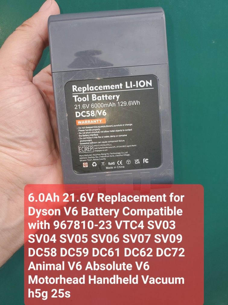 6.0Ah 21.6V Replacement for Dyson V6 Battery Compatible with 967810-23 VTC4 SV03 SV04 SV05 SV06 SV07 SV09 DC58 DC59 DC61 DC62 DC72 Animal V6 Absolute