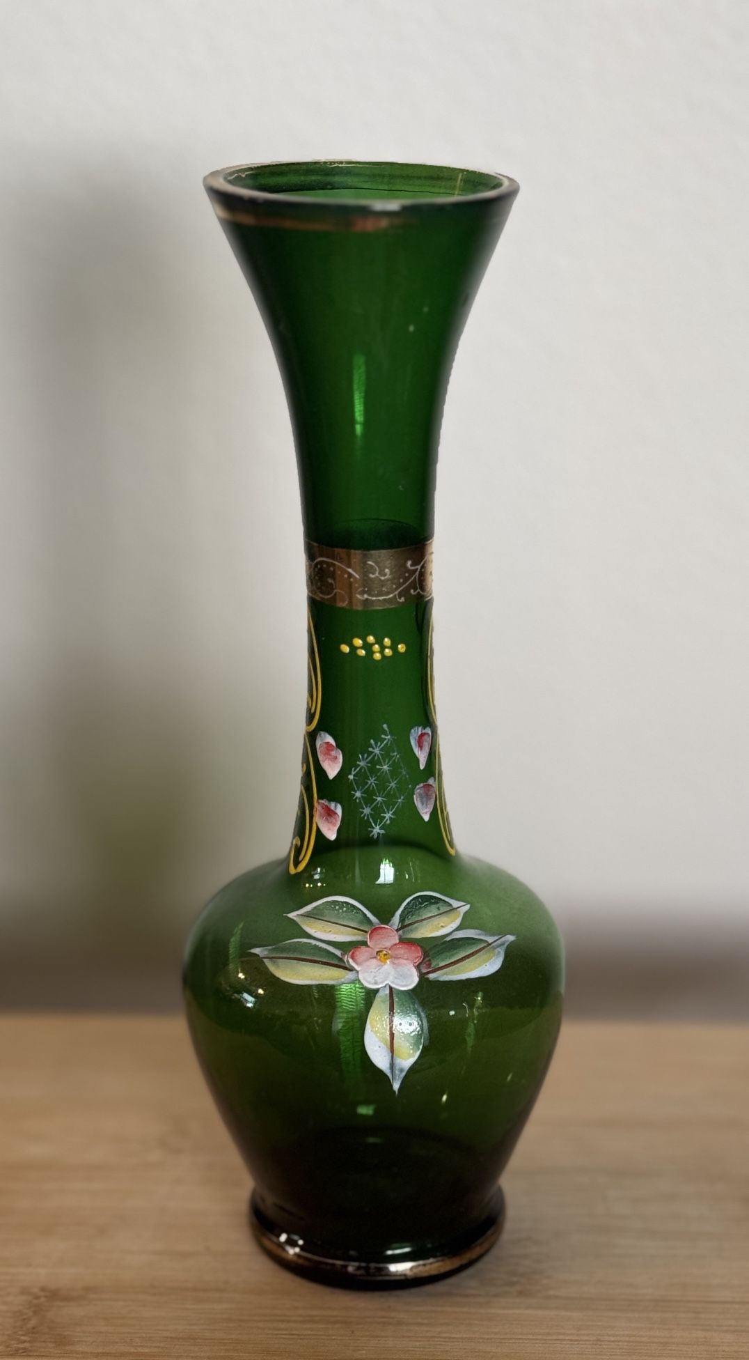 Bohemian Glass Hand Painted Green Floral Vase