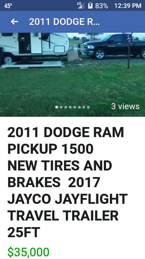 2011 DODGE RAM PICKUP AND 2017 JAYCO JAYFLIGHT TRAVEL TRAILER 25FT W $500.00 SWAY HITCH NEW TIRES AND BRAKES trailer alone reduced to 15,500