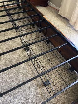 Like New Queen Bed Frame w/ Storage Baskets & Built-In USB Charging — Rustic Brown