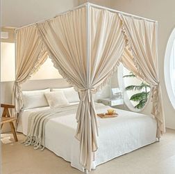 7659: New Princess Canopy Bed Curtains with Top Ties - Windproof & Lightproof for Girls' Adult Bedroom Decor | Bed Canopy Drapes (Full, Khaki)