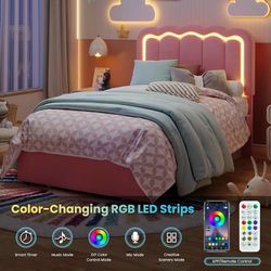 Twin Size Bed Frame with LED Lights and Storage Drawer, Pink